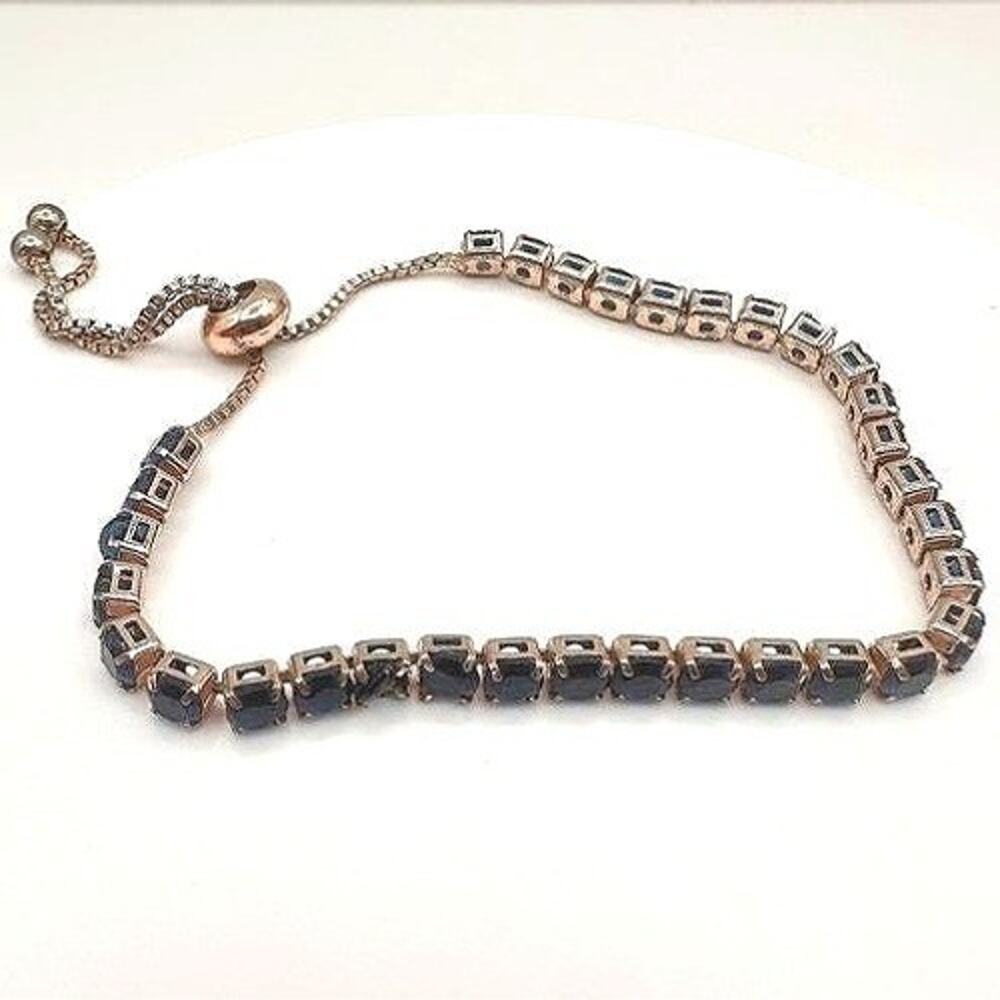 Vintage 90s Y2K Rose Gold Tone Blue Sapphire CZ Bolo Tennis Bracelet Statement